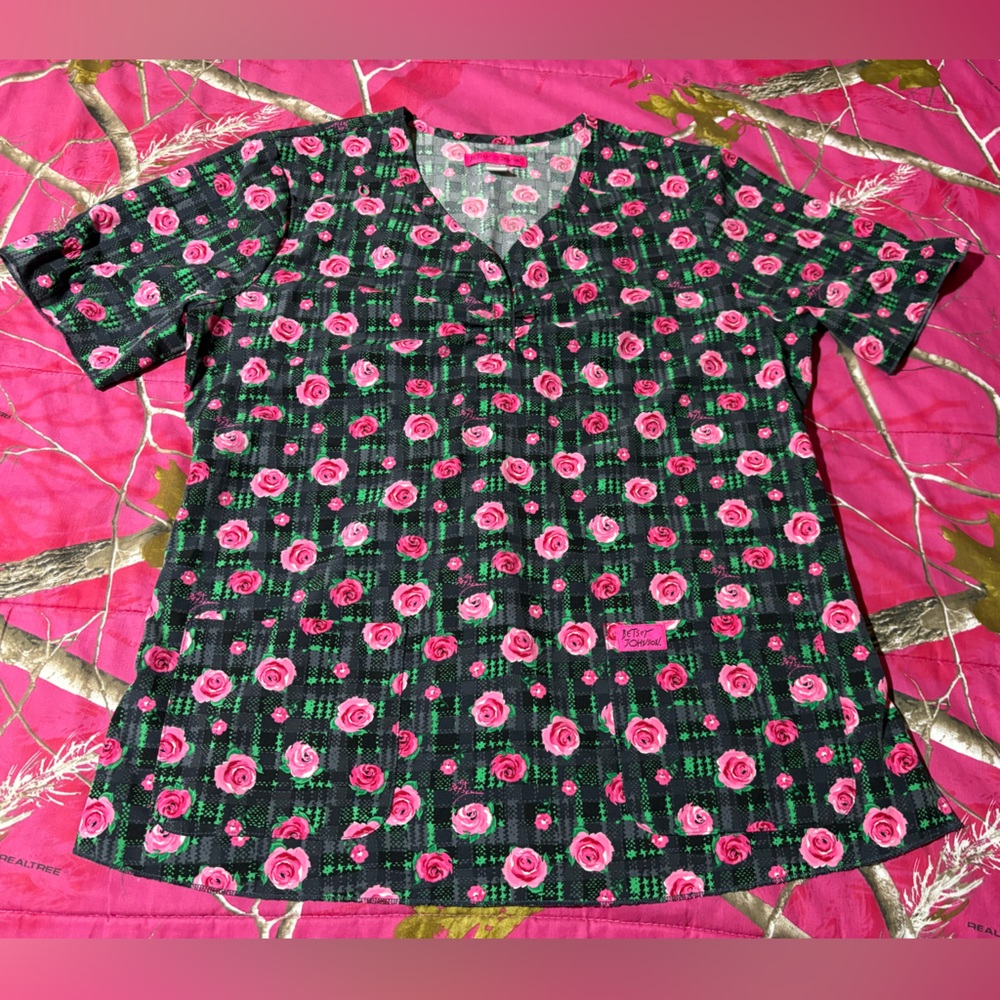 Betsey Johnson Black & Pink Floral Scrub Top